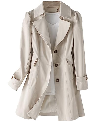 Women's Single Breasted Mid-Length Trench Coat Puff Sleeve Lapel Overcoat Windproof Classic Outerwear
