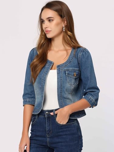 41b7cCS2L-L.jpg Denim Jacket for Women's Collarless 2025 Cardigan 3/4 Sleeve Crop Jean Jackets