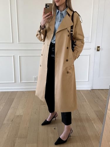 Womens Long Trench Coat Double Breasted Classic Lapel Fall Overcoat with Belt