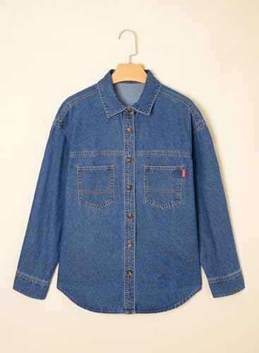 41baxjH5JAL.jpg Women Denim Shirts Oversized Long Sleeve Button Down Blouse V Neck Casual Top Shackets