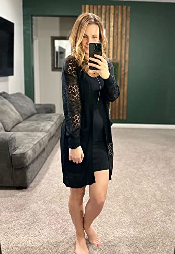 41bb293w46L.jpg Womens Lightweight Longer Length Cardigan Long Sleeve Casual Crochet Open-Front Sweater with Pockets