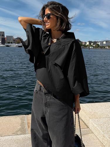 41bv8SFV0jL.jpg Womens Oversized Cropped Trench Coats Single Breasted 3/4 Cape Sleeve Trendy Casual Jackets Button up Outerwear
