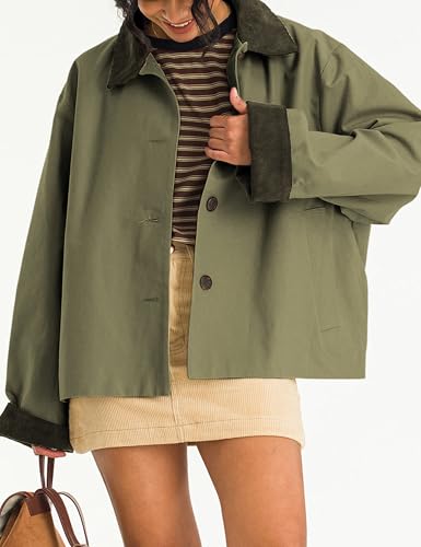 41cA31hGo6L.jpg Womens Contrast Collar Jacket Casual Button Down Long Sleeves Crop Trench Coat Outerwear with Pockets