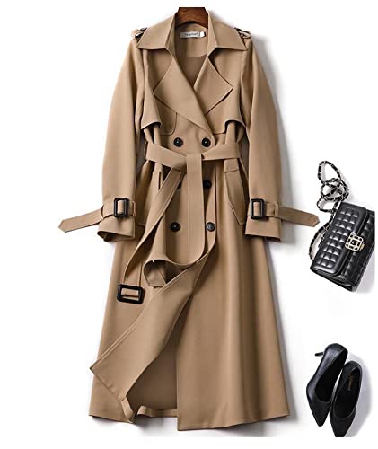Women's Double Breasted Long Trench Coat Belted Notch Lapel Overcoat Windproof Classic Outerwear