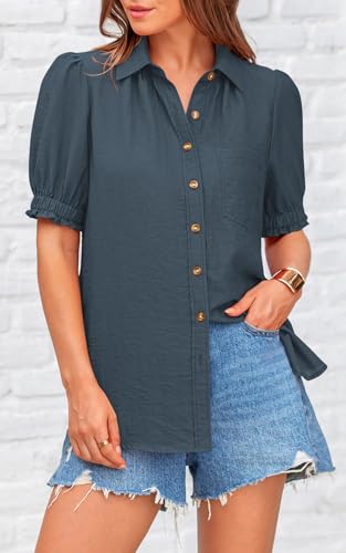 41cviFZ43zL.jpg Womens Summer Short Sleeve Button Down Shirts V Neck Collared Casual Blouse Tops with Pockets