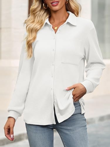 41dywKy8RTL.jpg Womens Waffle Knit Button Down Shirts Fall Dressy Casual Long Sleeve V Neck Blouse Loose Fit Work Tops Shacket