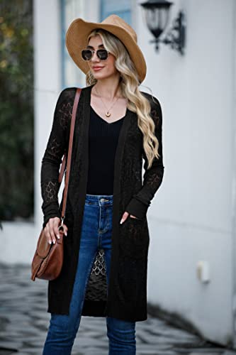 41eNwlvYoQL.jpg Womens Lightweight Longer Length Cardigan Long Sleeve Casual Crochet Open-Front Sweater with Pockets