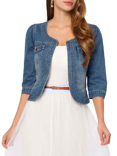 41eRukde11L.jpg Denim Jacket for Women's Collarless 2025 Cardigan 3/4 Sleeve Crop Jean Jackets