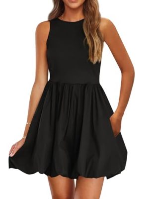 Summer Dresses for Women 2025 Casual Sleeveless Tank Mini Short Dress Crew Neck Bubble Sundress with Pockets