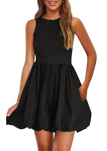 41eVuXE1SL.jpg Summer Dresses for Women 2025 Casual Sleeveless Tank Mini Short Dress Crew Neck Bubble Sundress with Pockets