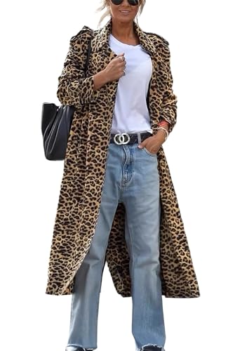 41eanlQpp7L.jpg Women's Notch Lapel Leopard Print Duster Trench Coat Open Front Loose Faux Suede Mid Long Pea Coat