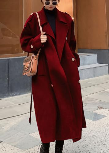 Women's Winter Double Breasted Midi Long Wool Pea Coat Notch Lapel Winter Trench Coat