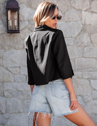 Linen Blazers for Women Business Casual Cropped 3/4 Sleeve Lightweight Lined Work Office Suit Blazer Jackets