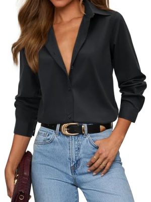 Womens Button Down Shirt Dress Shirts Cotton Long Sleeve Wrinkle Free Work Office Shirt Regular Fit Blouse Top