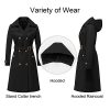 Women's Long Trench Coat Double-Breasted Classic Lapel Overcoat Belted Slim Outerwear Coat with Detachable Hood