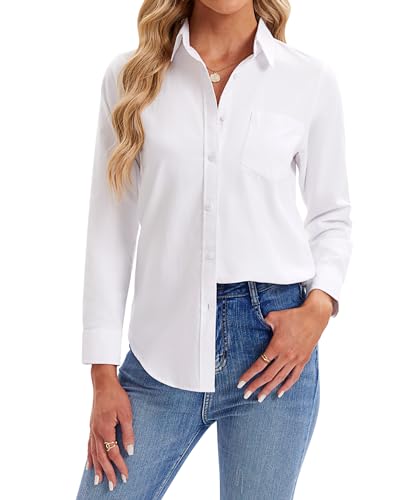 Womens Button Down Shirts Long Sleeve Collared Office Work Blouses Tops with Pocket Oxford Shirts