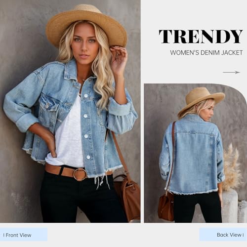 Women's Jean Jacket Frayed Washed Button Up Cropped Denim Jacket With Pockets
