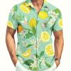 Men's Floral Bird Print Button-Down Shirt, Short Sleeve, White with Blue Pattern, Regular Fit