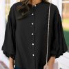 Womens Puff Sleeve Tops 3/4 Button Down Shirts Ruffle Cuff Back Pleated Cotton Blouse