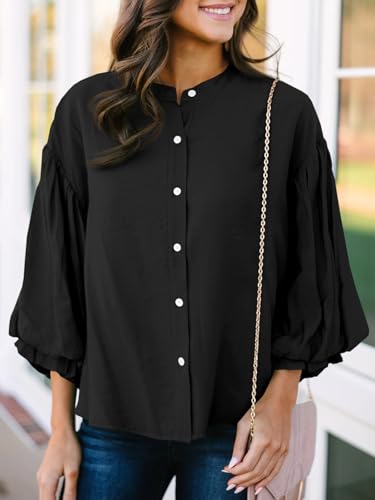 Womens Puff Sleeve Tops 3/4 Button Down Shirts Ruffle Cuff Back Pleated Cotton Blouse
