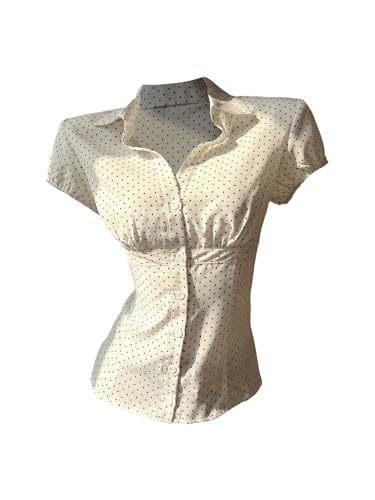 41habXMPv-L.jpg Women's Polka Dots Button Down Shirt Short Sleeve Collar Fitted Blouse Tops Preppy Aesthetic Clothes