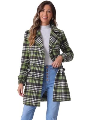 Women's 2025 Winter Notched Lapel Pea Coat Classic Buffalo Checks Double Breasted Plaid Coat