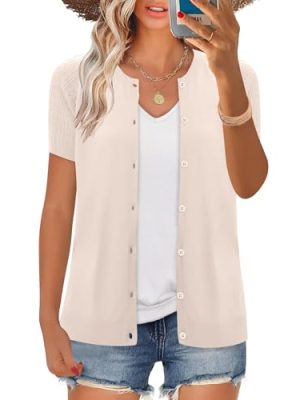 Women's 2025 Short Sleeve Cardigan Button Up Hollowed Out Crewneck Shrug Sweaters Knit Sweater Tops Lightweight