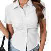 Women's Collared V Neck Button Down Ruched Slim Fit Short Sleeve Work Shirt Blouse