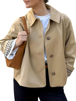 Women Crop Trench Coat Single Breasted Check Lining Lightweight Cropped Jackets Fashion Outerwear