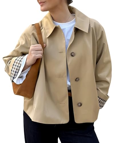 41j5MJB6smL.jpg Women Crop Trench Coat Single Breasted Check Lining Lightweight Cropped Jackets Fashion Outerwear