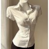 41jCQLGVncL.jpg Women's Polka Dots Button Down Shirt Short Sleeve Collar Fitted Blouse Tops Preppy Aesthetic Clothes