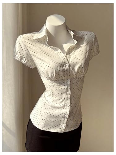 41jCQLGVncL.jpg Women's Polka Dots Button Down Shirt Short Sleeve Collar Fitted Blouse Tops Preppy Aesthetic Clothes