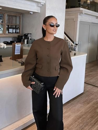 41jGjV8sfL.jpg Womens Balloon Long Sleeve Blazer Cropped Collarless Button Down Suit Jackets Business Casual Fall Outerwear