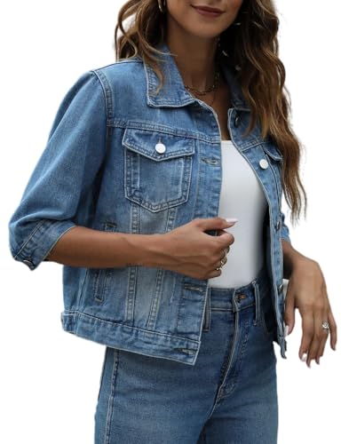 Women's 3/4 Sleeve Short Denim Jacket Lapel Button Down Cropped Trucker Jean Jackets Coats