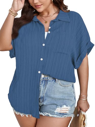 Women Plus Size Button Down Short Sleeve Shirts Collared Textured Summer Blouse Casual Tops with Pockets