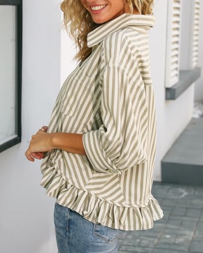 41jRDplQbtL.jpg Womens Summer Tops Dressy Casual Blouse Top Ruffled Short Sleeve Button Down Striped Shirt