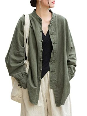 Women's Linen Oversized Blouses Vintage Long Sleeve Jackets Loose fit Chinese Frog Shirts