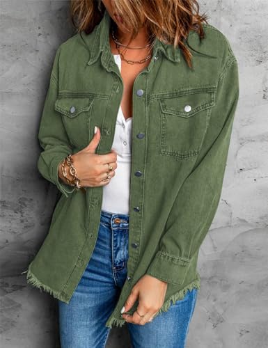 41k6T4kNmRL.jpg Women’s Oversized Button Up Frayed Hem Shacket Long Sleeve Pockets Denim Jean Jacket
