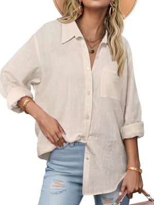 Womens Button Down Shirts Long Sleeve Cotton Gauze Tops Casual Collared Blouses Loose Fit