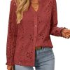 41l0tgousVL.jpg Women's Fall Fashion Long Sleeve Shirts Button Down Dressy Casual Blouses V Neck Eyelet Embroidery Hollow Out Tops