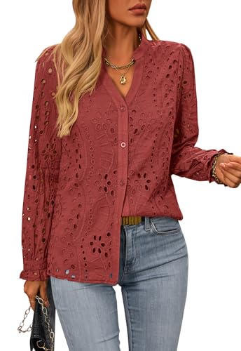 41l0tgousVL.jpg Women's Fall Fashion Long Sleeve Shirts Button Down Dressy Casual Blouses V Neck Eyelet Embroidery Hollow Out Tops
