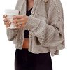 Women's Cropped Waffle Knit Shacket Short Button Down Jacket Batwing Sleeve Shirts with Pocket