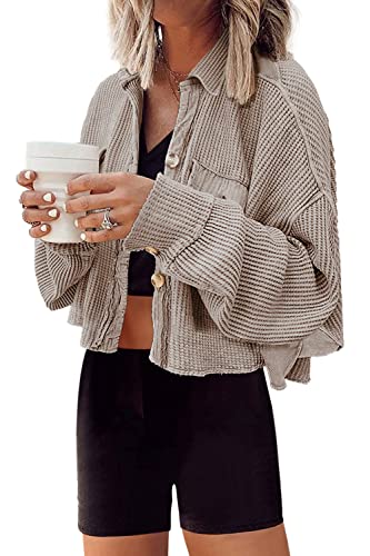 Women's Cropped Waffle Knit Shacket Short Button Down Jacket Batwing Sleeve Shirts with Pocket