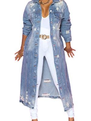 Women's Spring Fashion Ripped Holes Maxi Long Denim Jacket Trench Coat