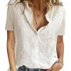 Womens Button Down Shirts Cotton Summer Tops V Neck Short Sleeve Shirt Collar Blouse Casual Plain Tshirt Work Tops