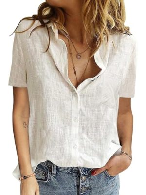 Womens Button Down Shirts Cotton Summer Tops V Neck Short Sleeve Shirt Collar Blouse Casual Plain Tshirt Work Tops