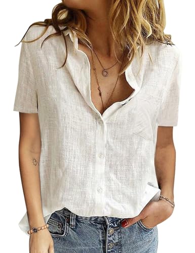 Womens Button Down Shirts Cotton Summer Tops V Neck Short Sleeve Shirt Collar Blouse Casual Plain Tshirt Work Tops