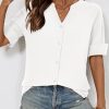 Womens 3/4 Sleeve Button Down Shirts Cotton Linen Roll Up Short Sleeve Tops V Neck Casual Loose Fit Blouses