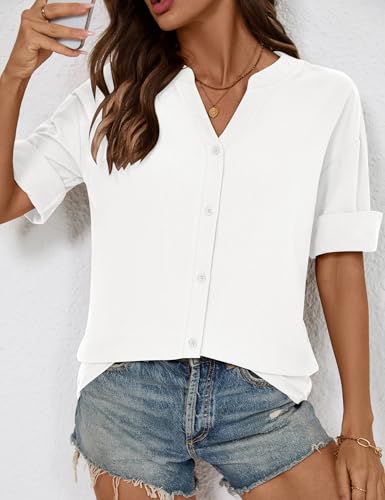 Womens 3/4 Sleeve Button Down Shirts Cotton Linen Roll Up Short Sleeve Tops V Neck Casual Loose Fit Blouses