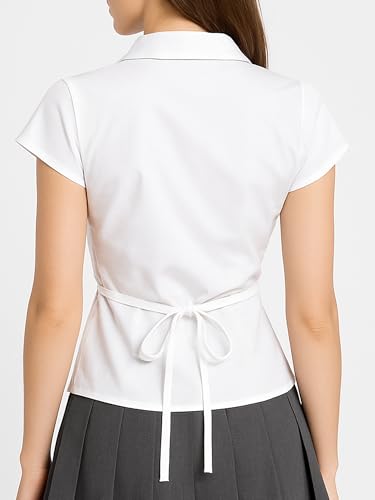Women's Pleated Bust Button Down Shirt Tie Back Fitted Short Sleeve Blouse Casual Tops